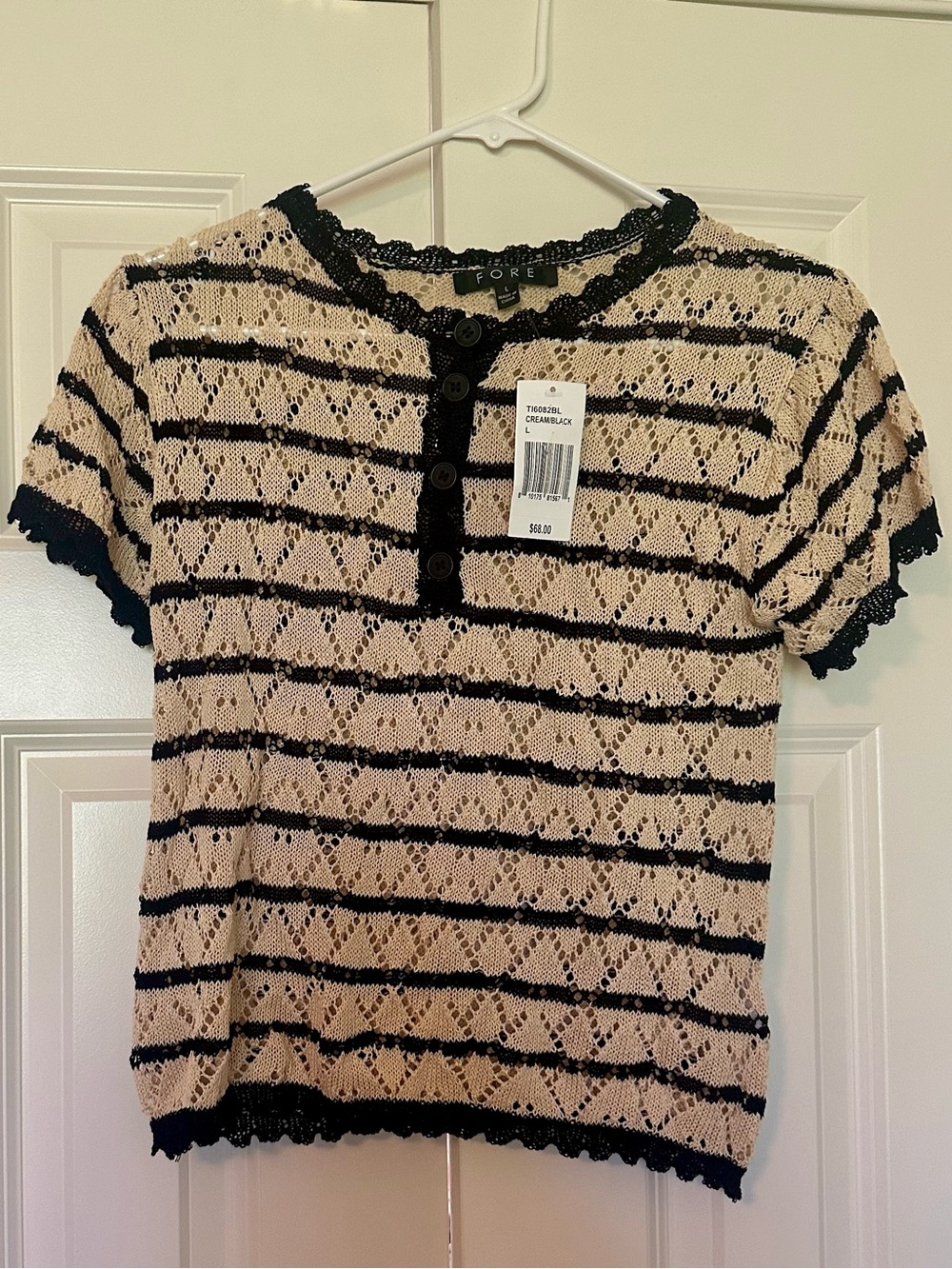 FORE Cream Short Sleeve Crochet Top with Black Stripes